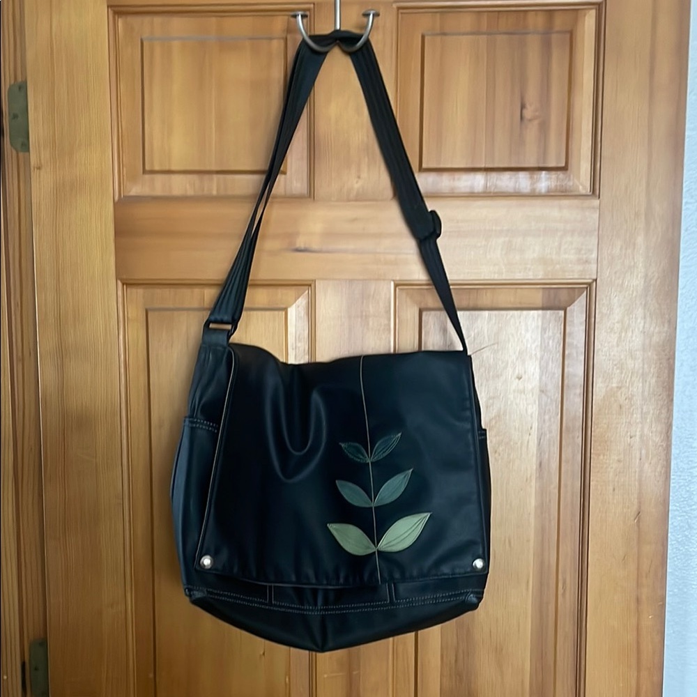 Queen Bee Creations Black and Green Leaf Motif messenger bag